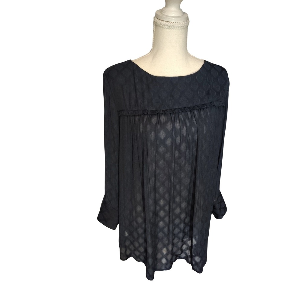 Motherhood‎ Maternity Navy Blue Jacquard Babydoll Blouse Tie Sleeve Small